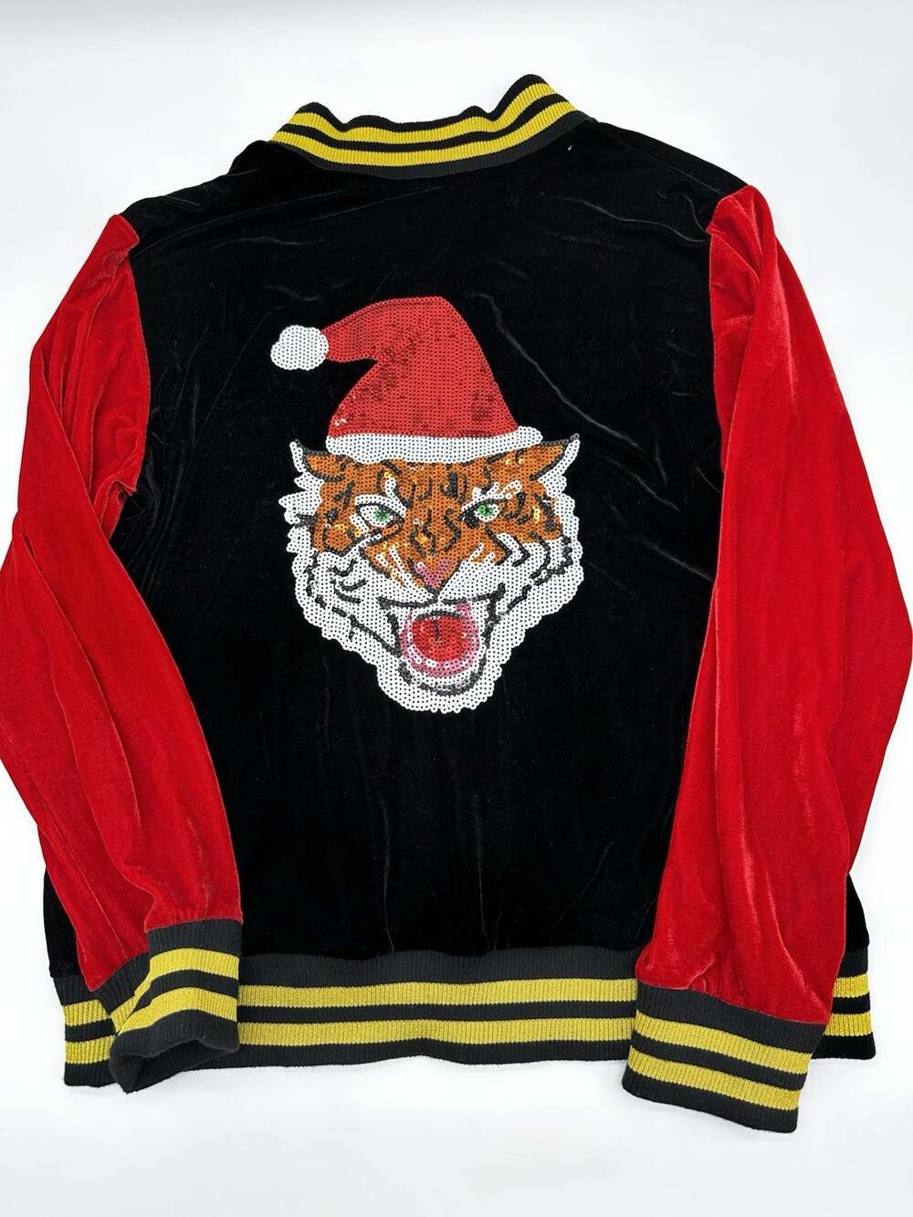 Ugly Christmas Sweater Tiger Velour Track Mens L Santa Hat Velvet Sequin
